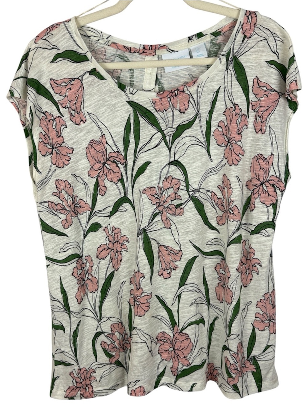 Cynthia Rowley Linen Lyocell Soft Floral Button Back Cap Sleeve Top Size L